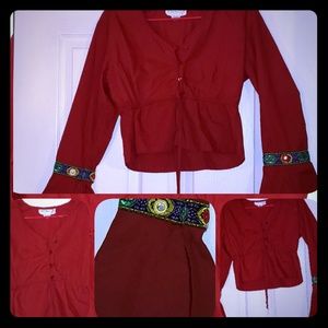 Red boho button down long sleeve crop top Size Lg